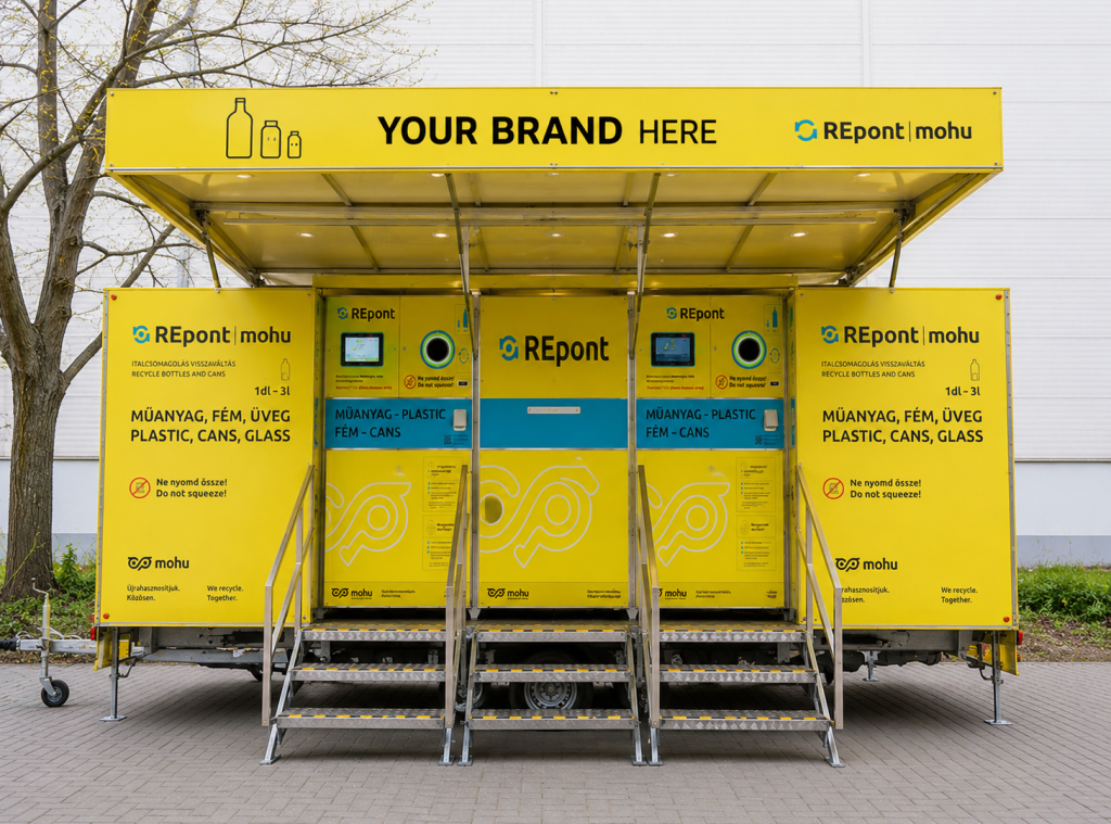 Festival mobile reverse vending machine with custom branded canopy advertising and high-visibility sponsor display for outdoor events