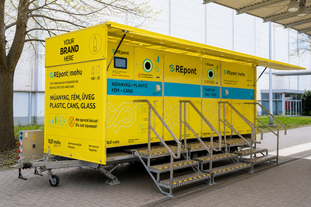 Festival mobile reverse vending machine with full-size side branding area for sponsor advertising and event promotion